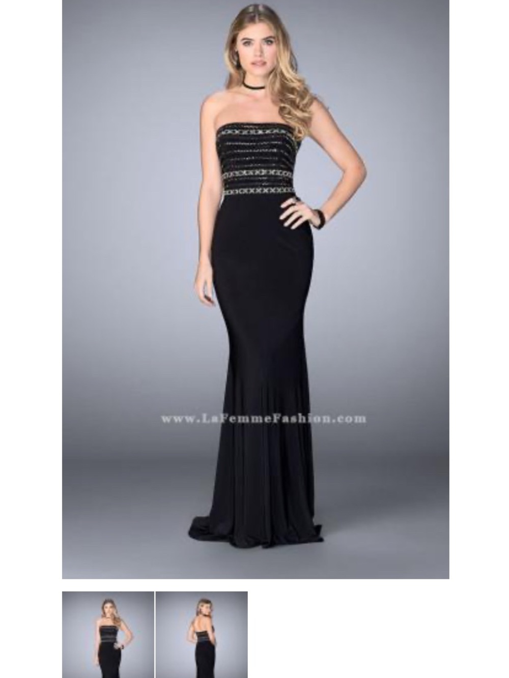 La Femme Black Strapless Beaded Bodice Mermaid Gown